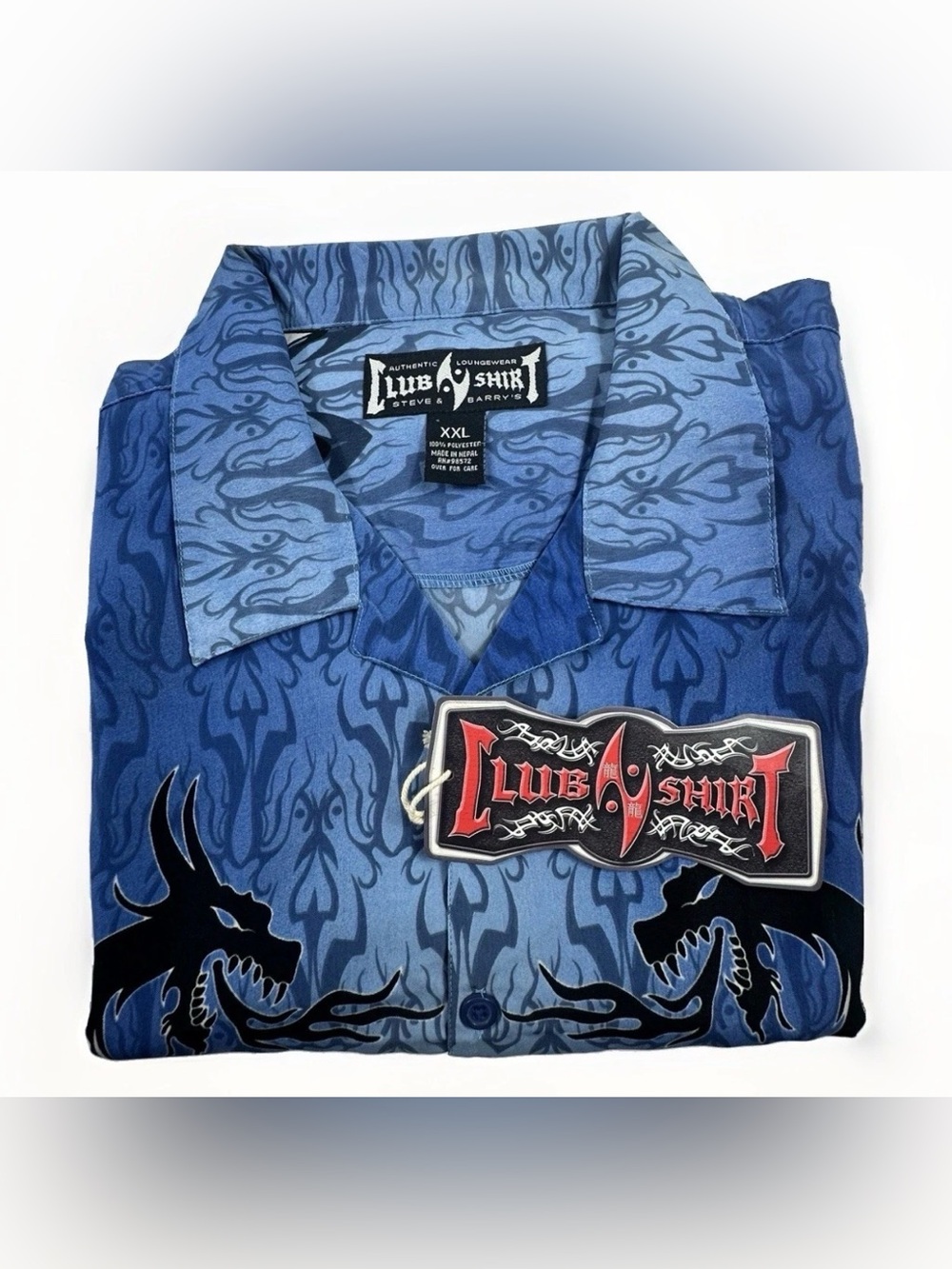 Club Shirt Steve & Barry's Dragon Tribal Button Up Shirt Blue XXL Y2K Island